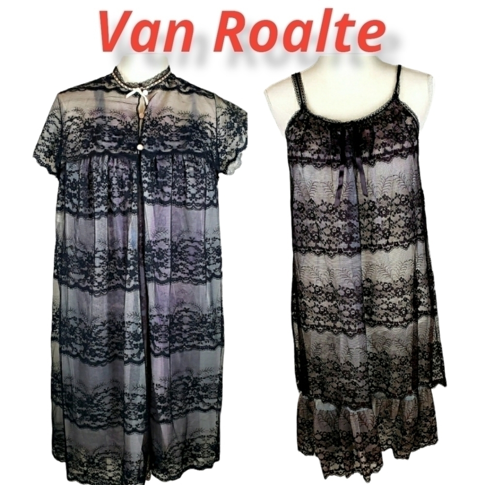 Vintage Van Roalte Radcliffe Lace Negligee Set Nightie and Robe S Black EUC